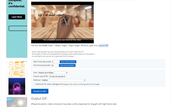 GIF converter customize start and end times