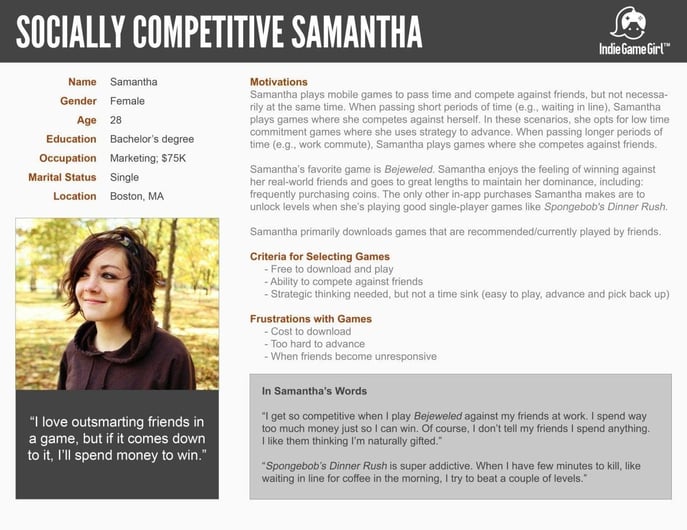 Socially competitive Samantha Indie Game Girl customer persona example