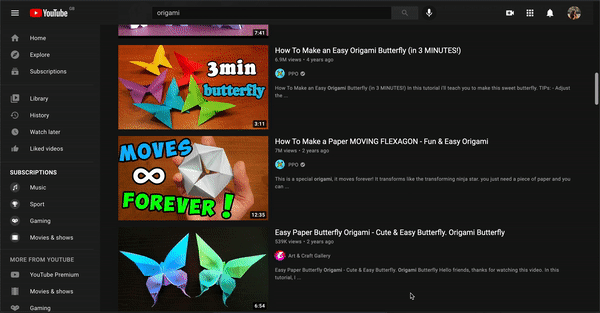 Searching YouTube origami origins video results