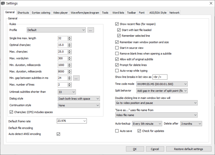 Subtitle Edit software settings