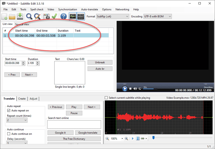 Subtitle Edit software text timings